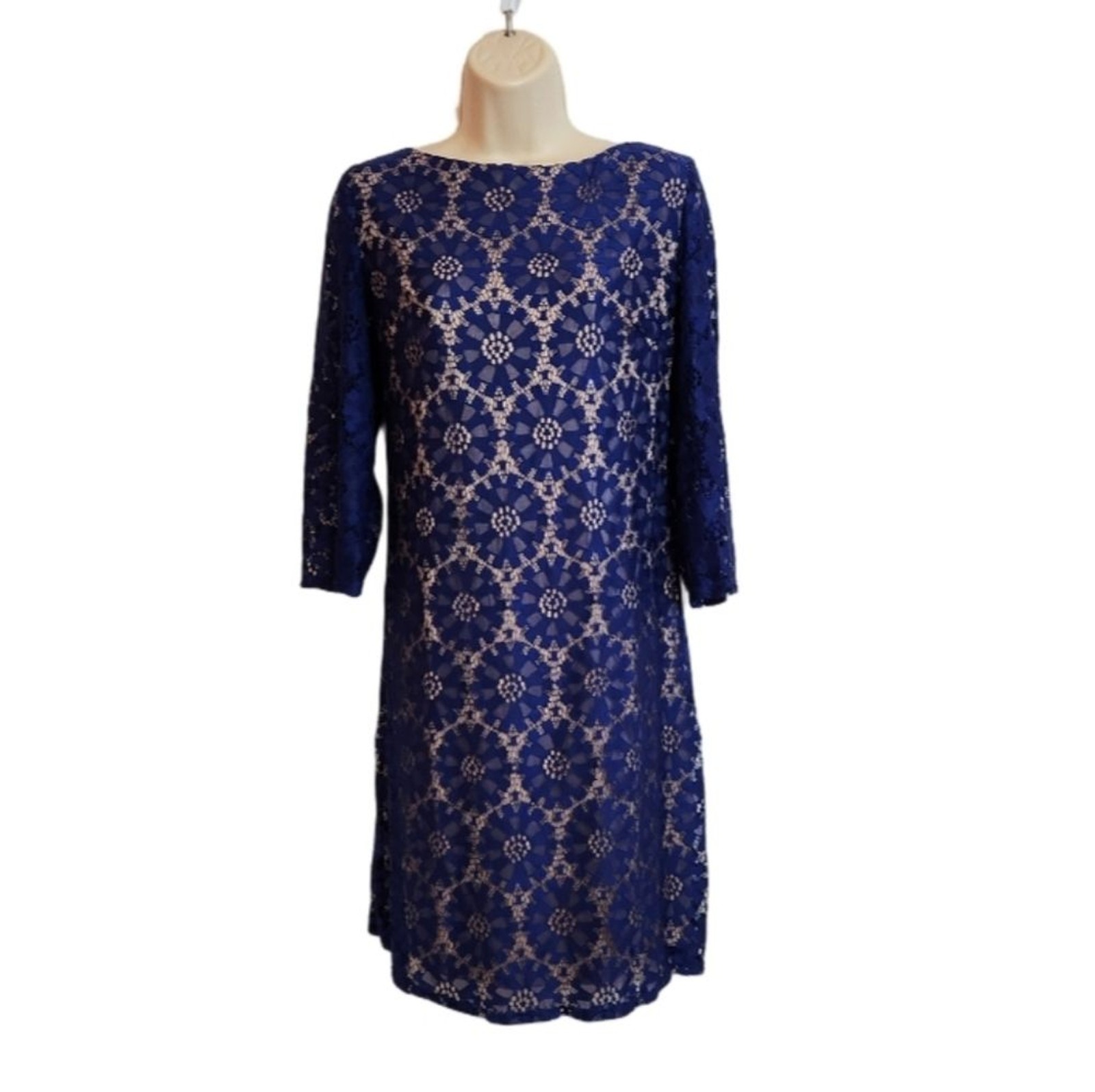 Jessica Howard Lace Contrast Lining Cocktail Swing Dress Royal Blue/Tan 12