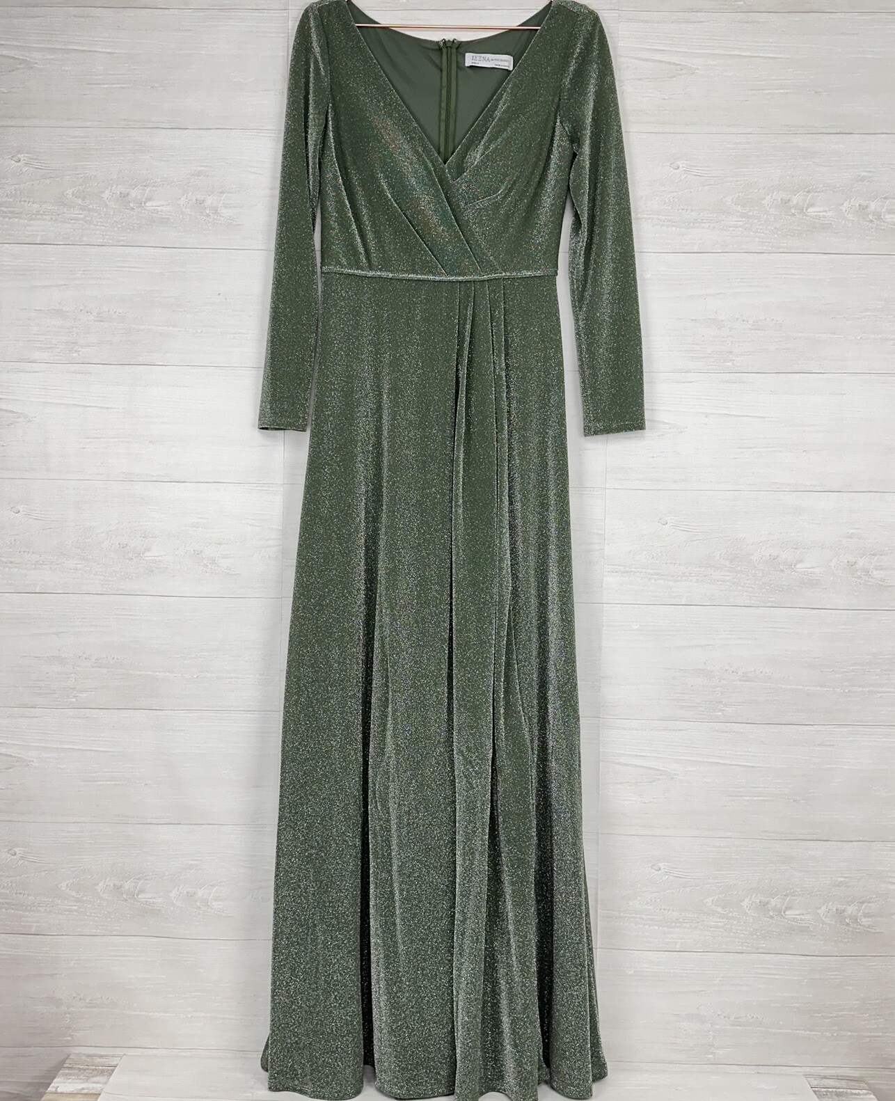 Mac Duggal Ieena Evening Gown Size 6 Long Sleeve Faux Wrap Jade Green Sparkly