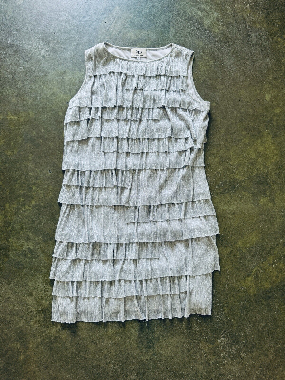 EUC SILVER METALLIC THREAD PLEATED RUFFLE DRESS SIZE 14 US 6 8 VINTAGE DESIGNER