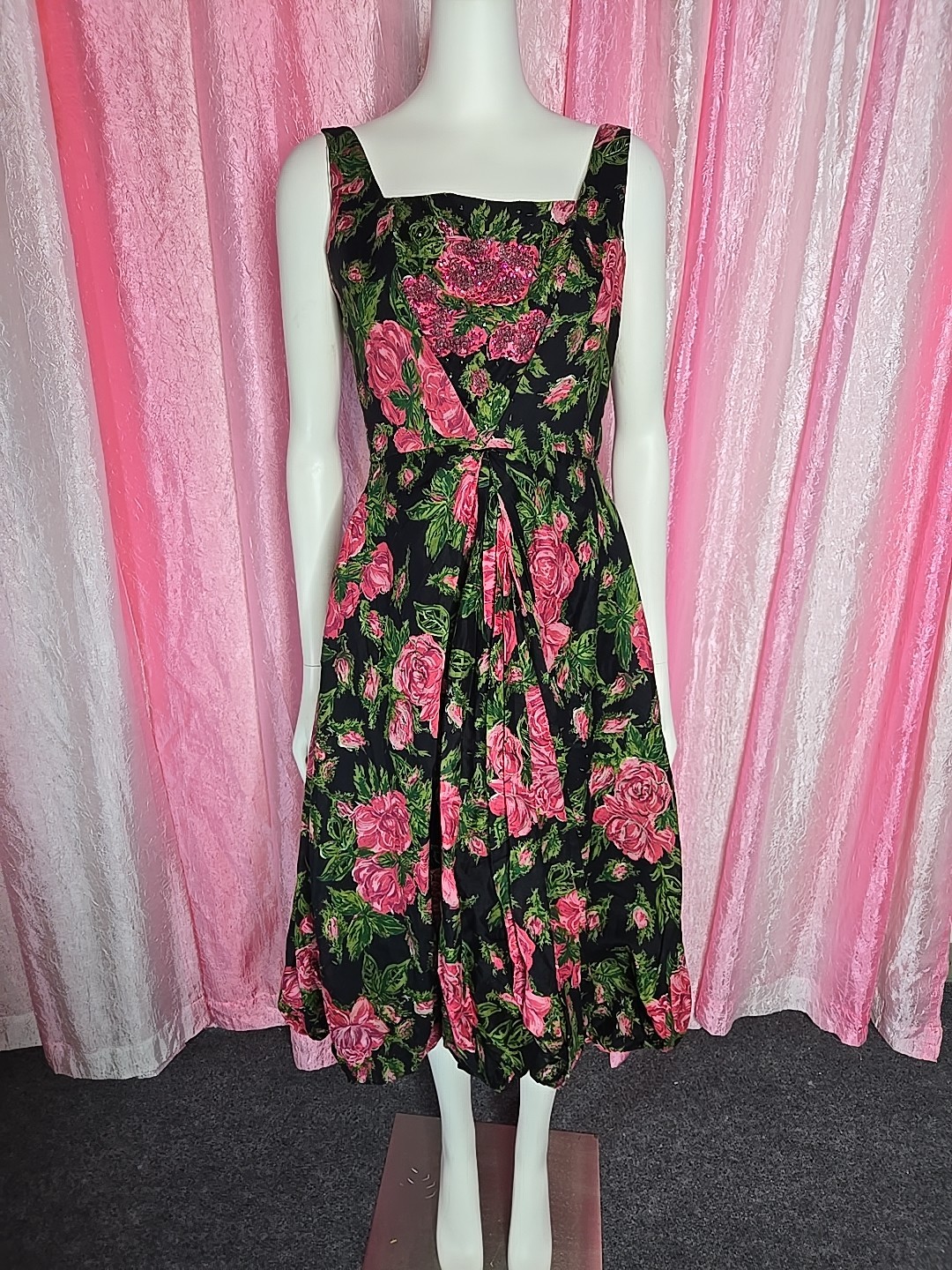 Lee Claire Vintage Green Pink Exquisite 60’s Beaded Floral Dress Size Small
