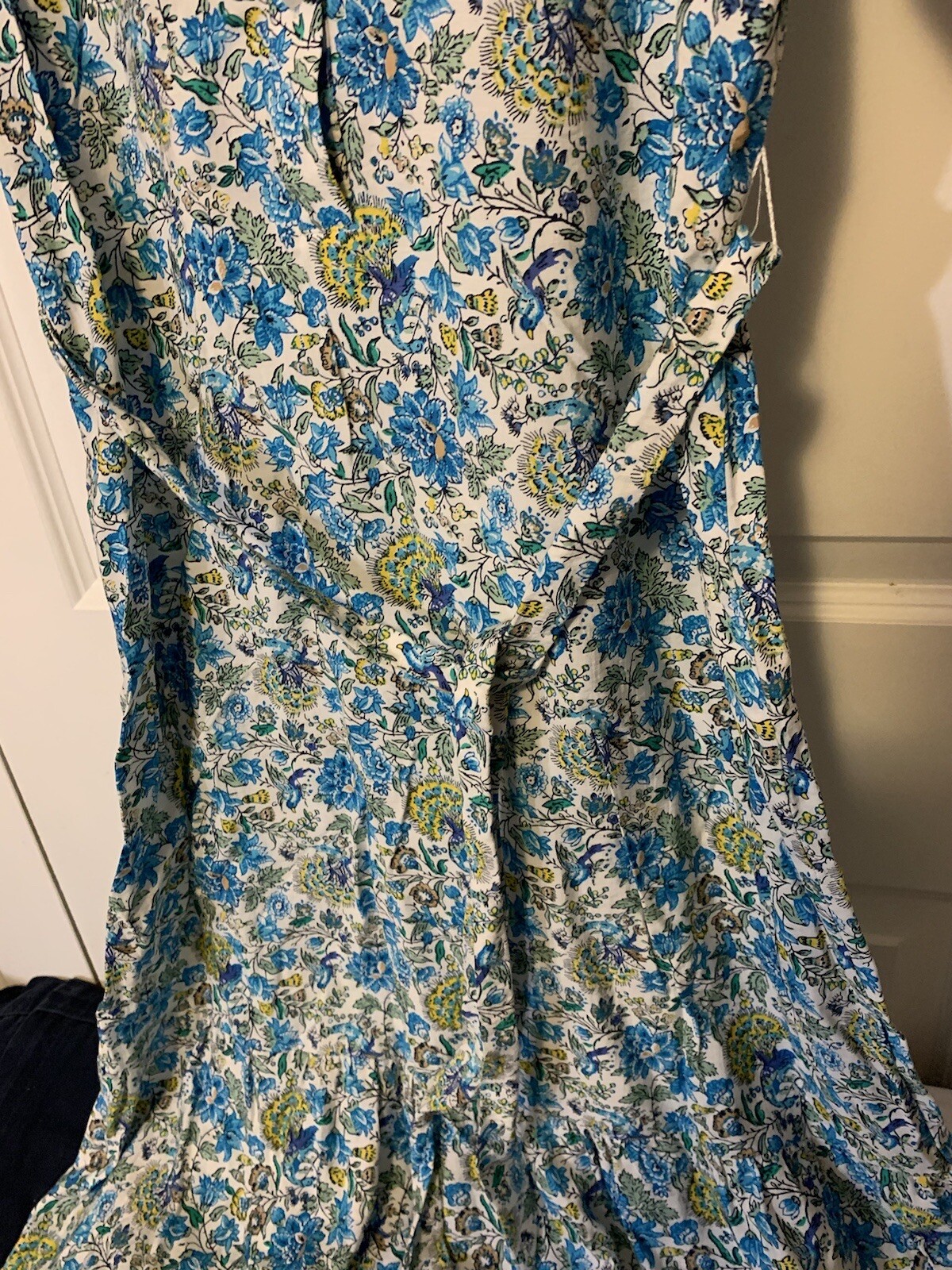 Loft Blue Green Yellow Floral Button Front Dress Sz XSP Petite Belt Dress