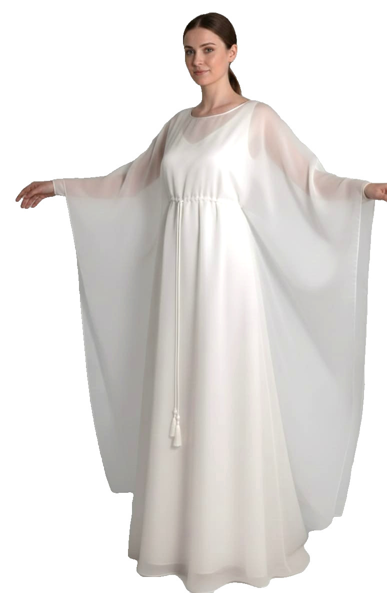 Women White Sheer Organza Kaftan with Drawstring Waist Formal Evening Party Wear