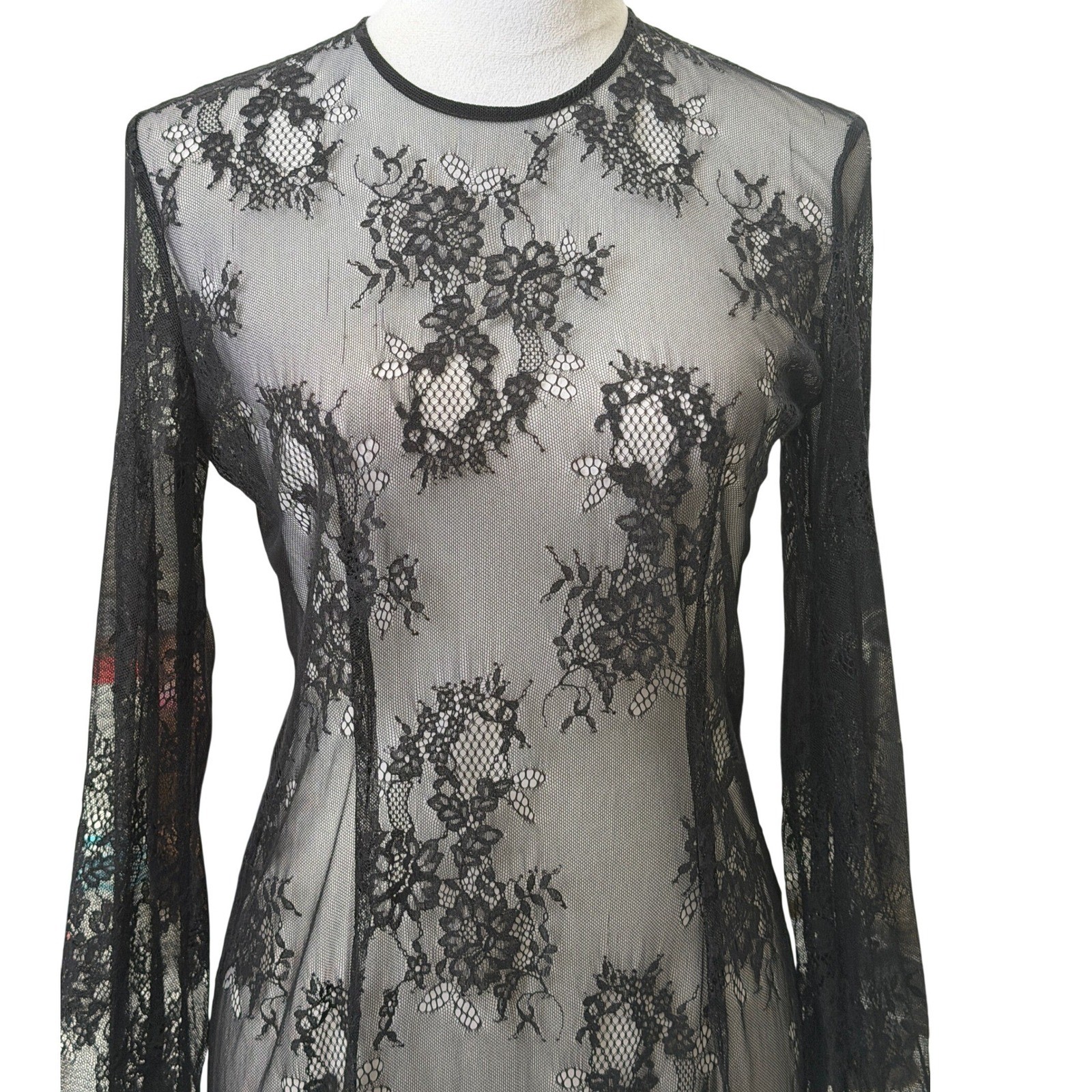 JNBY Womens Sheer Floral Lace Bell Sleeve Midi Dress Gothic Romantic Designer S