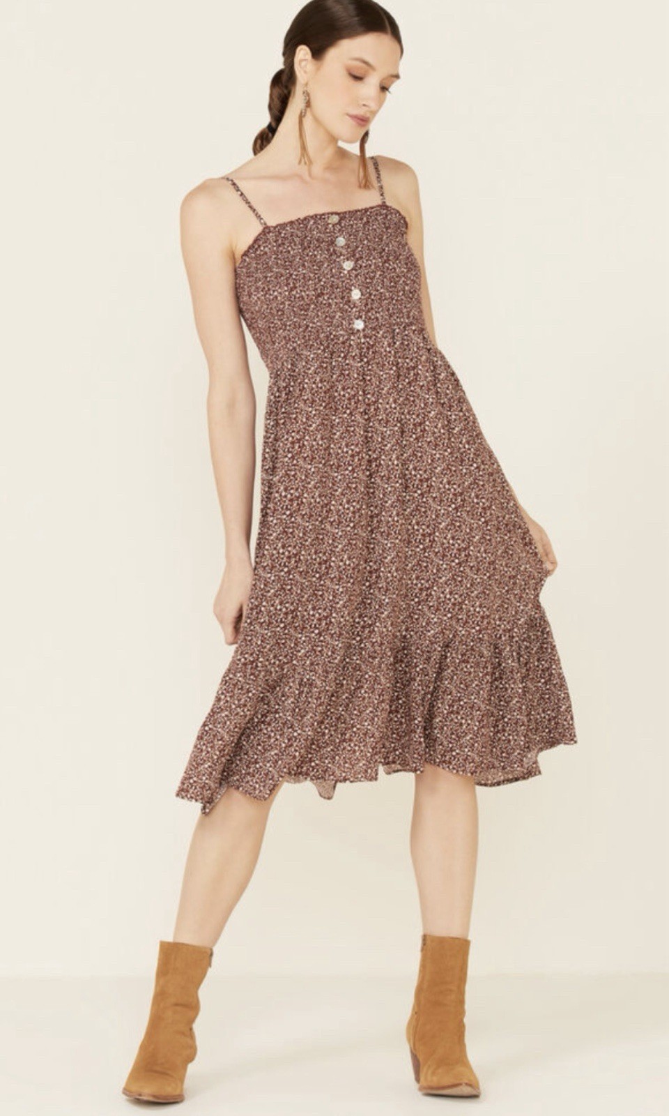 NWT Wild Moss Boot Barn Rust Ditsy Floral Smocked Midi Dress Small Cottagecore
