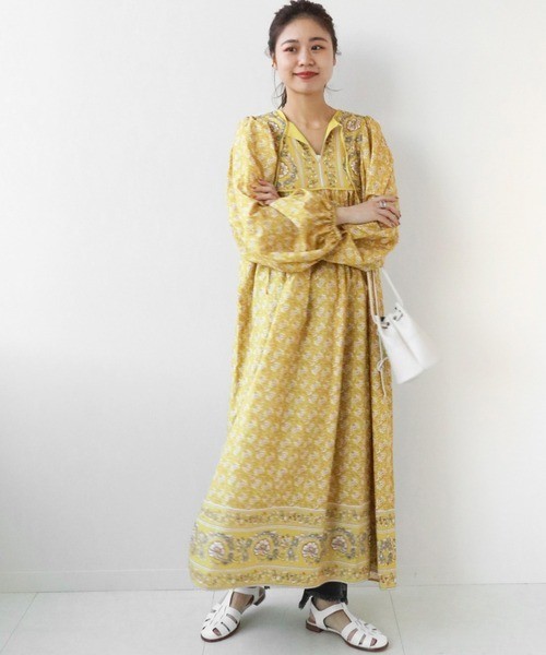 Japan womens cotton blend floral panel print dress yellow Journal Standard