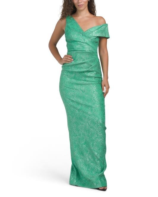Teri Jon Women’s Metallic Stretch Jacquard Asymmetrical Shoulder Gown, 12,14,18