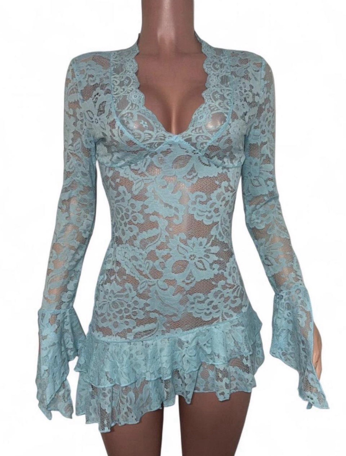 Sexy Baby Blue Lace Ruffled Micro Mini Dress XS See-thru Bodycon New Going Out