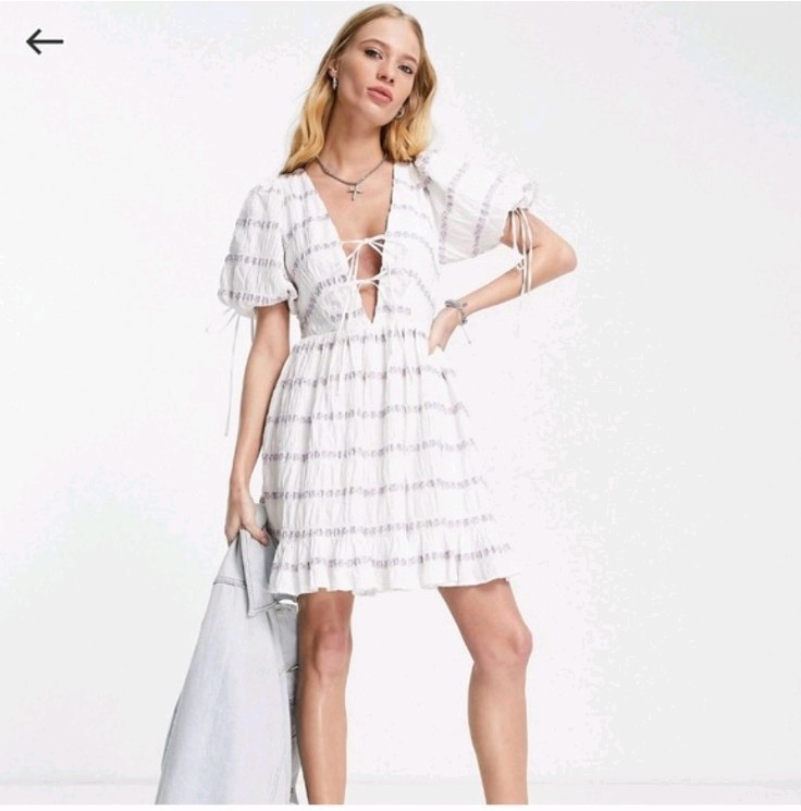 NWT Topshop Floral Mini Dress US 2 White Purple Tie Front Puff Sleeve Open Back