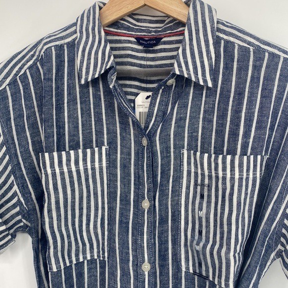 Nautica | Blue & Bright White Stripe Linen-Blend Belted Shirt Dress Medium NWT