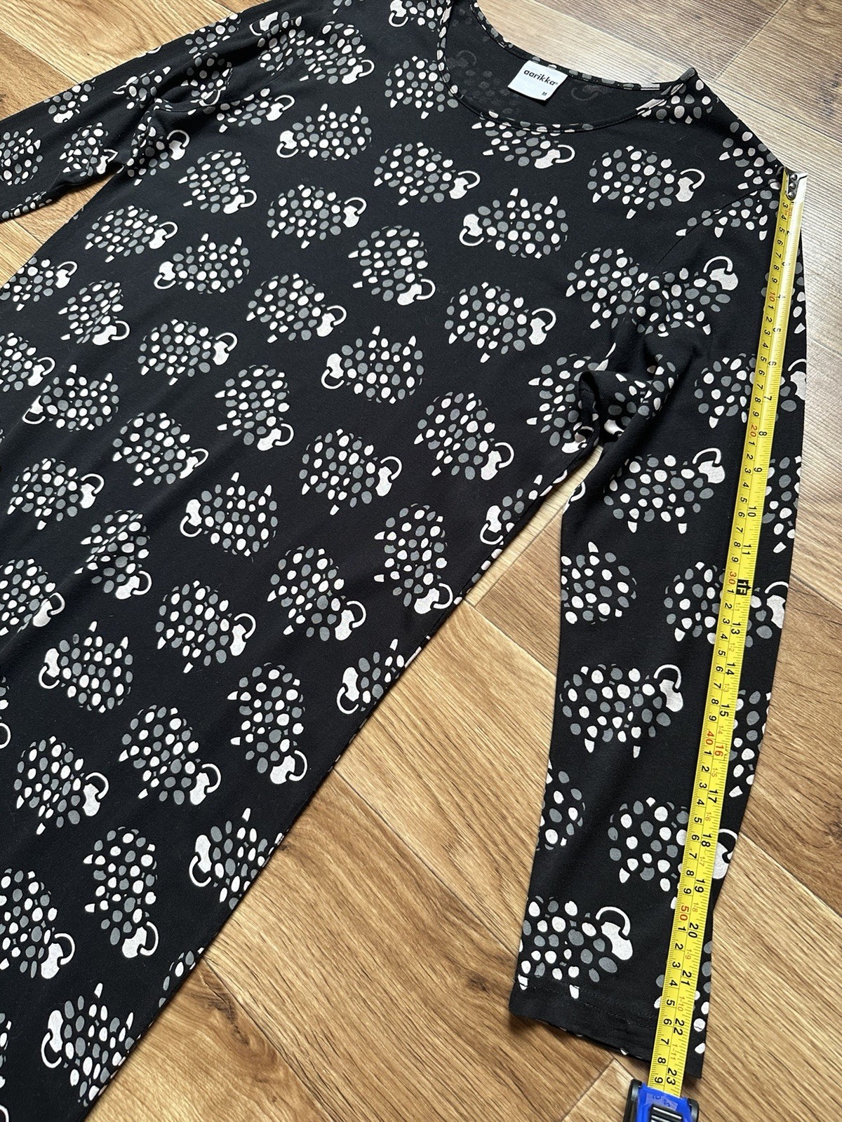 Aarikka Finland Black Sheep Print Long Sleeve Maxi Dress Cotton Modal M Excellen