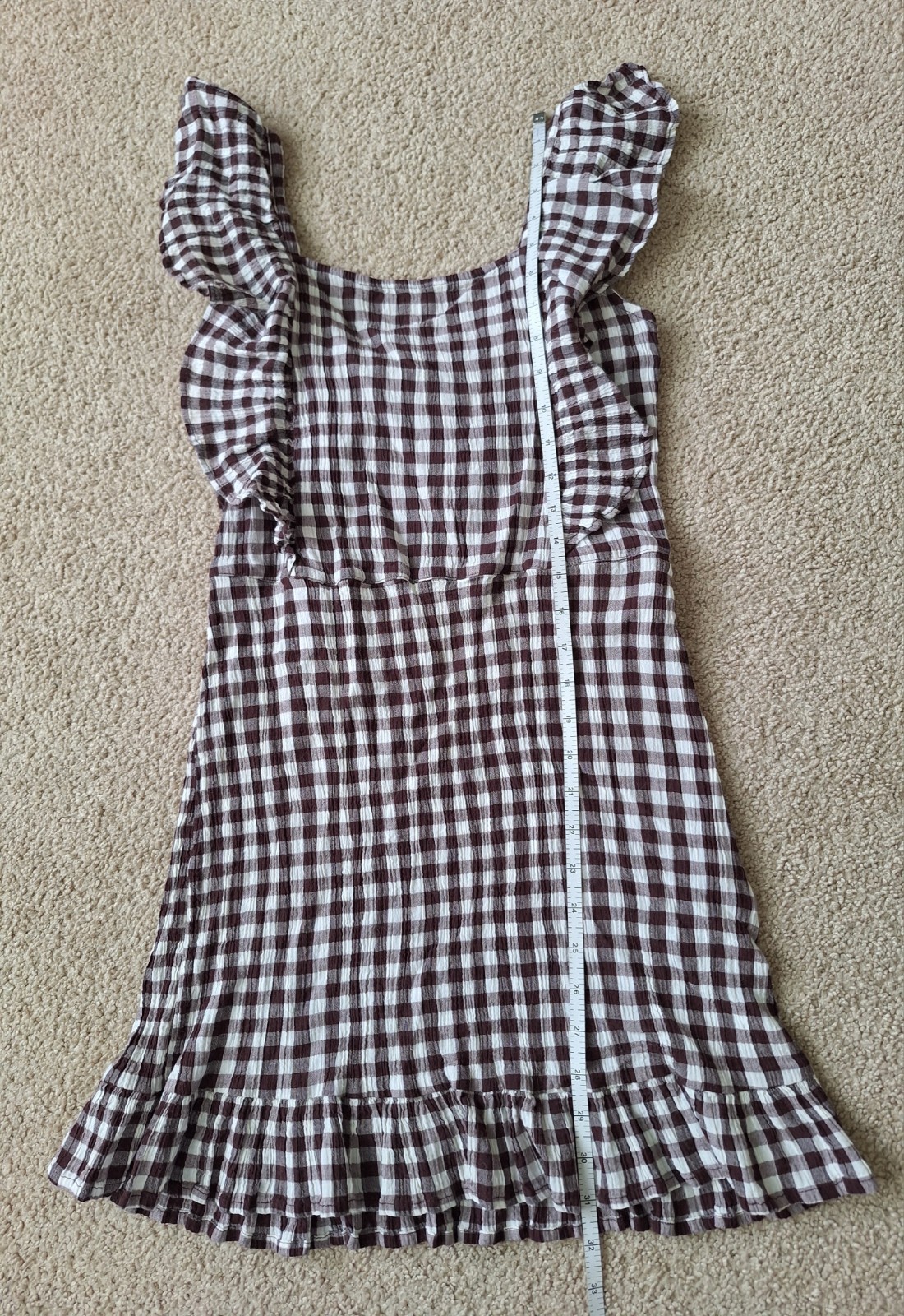 Topshop Brown Gingham Plaid Ruffled Apron Style Dress zipper in Side S US 4