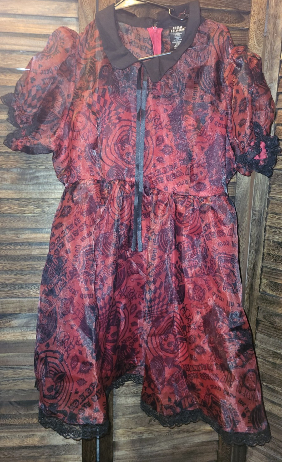 Social Collision Alice in Wonderland Red Black Puff Sleeve A-Line Dress XL