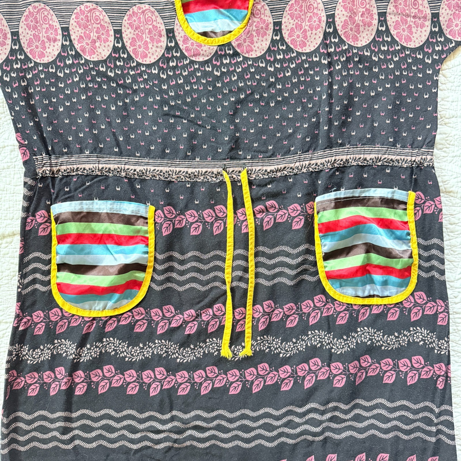 Joanna Black Patterned Patchwork Dress Pockets Colorful Trim XXL Earthy Boho 90s