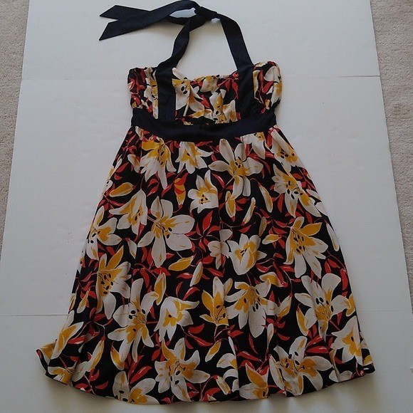 Moulinette Soeurs Anthropologie Silk Floral Halter Dress Black Yellow Lily 6