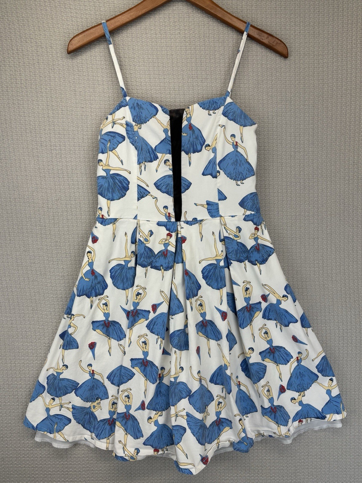 Kling Spaghetti Strap Blue Ballerina Print Mini Dress Sz S Pin Up Retro No Tag