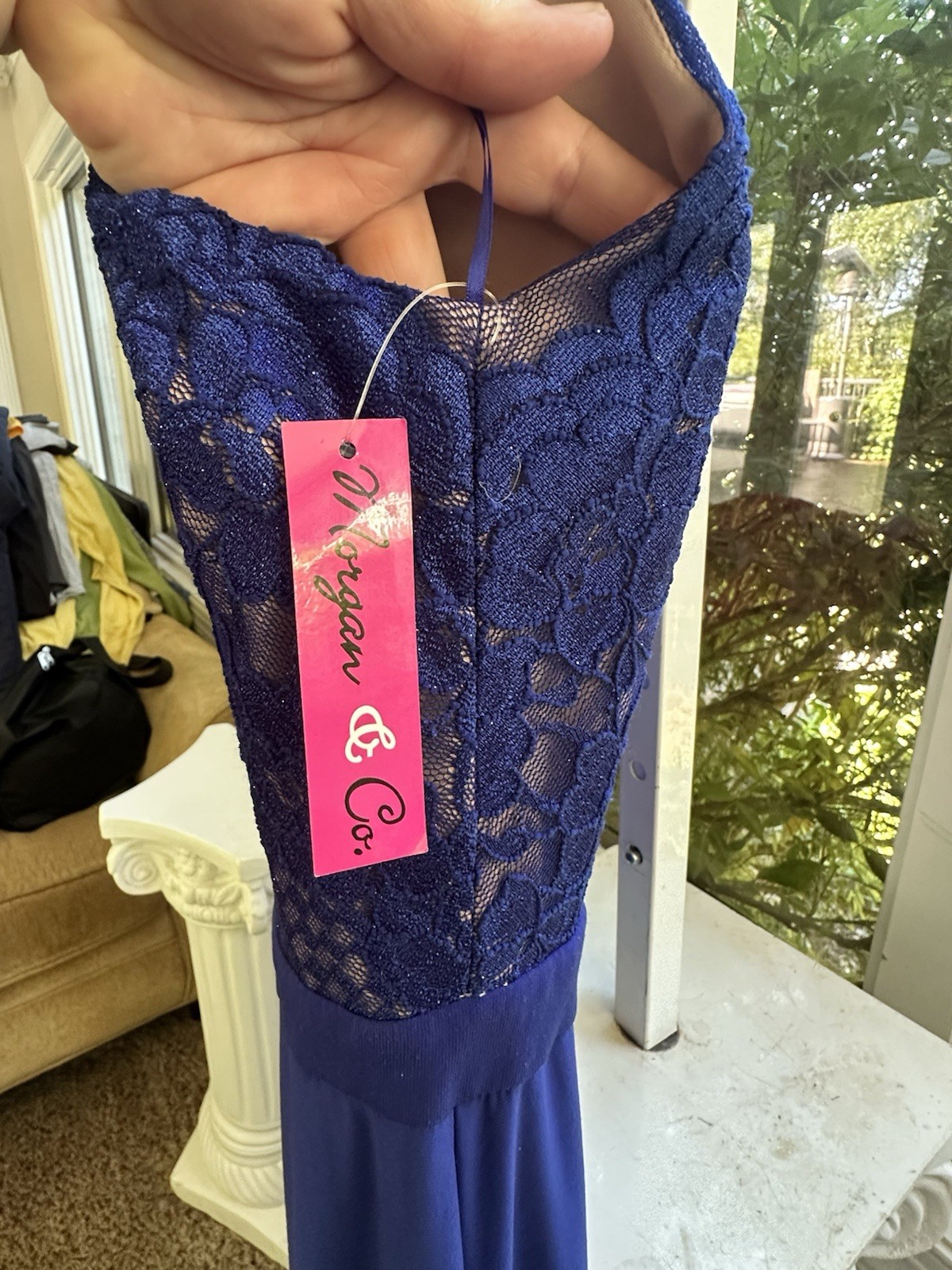 Morgan & Co. Blue Floral Lace Halter Sleeveless Long Gown Zip Sheer S/6