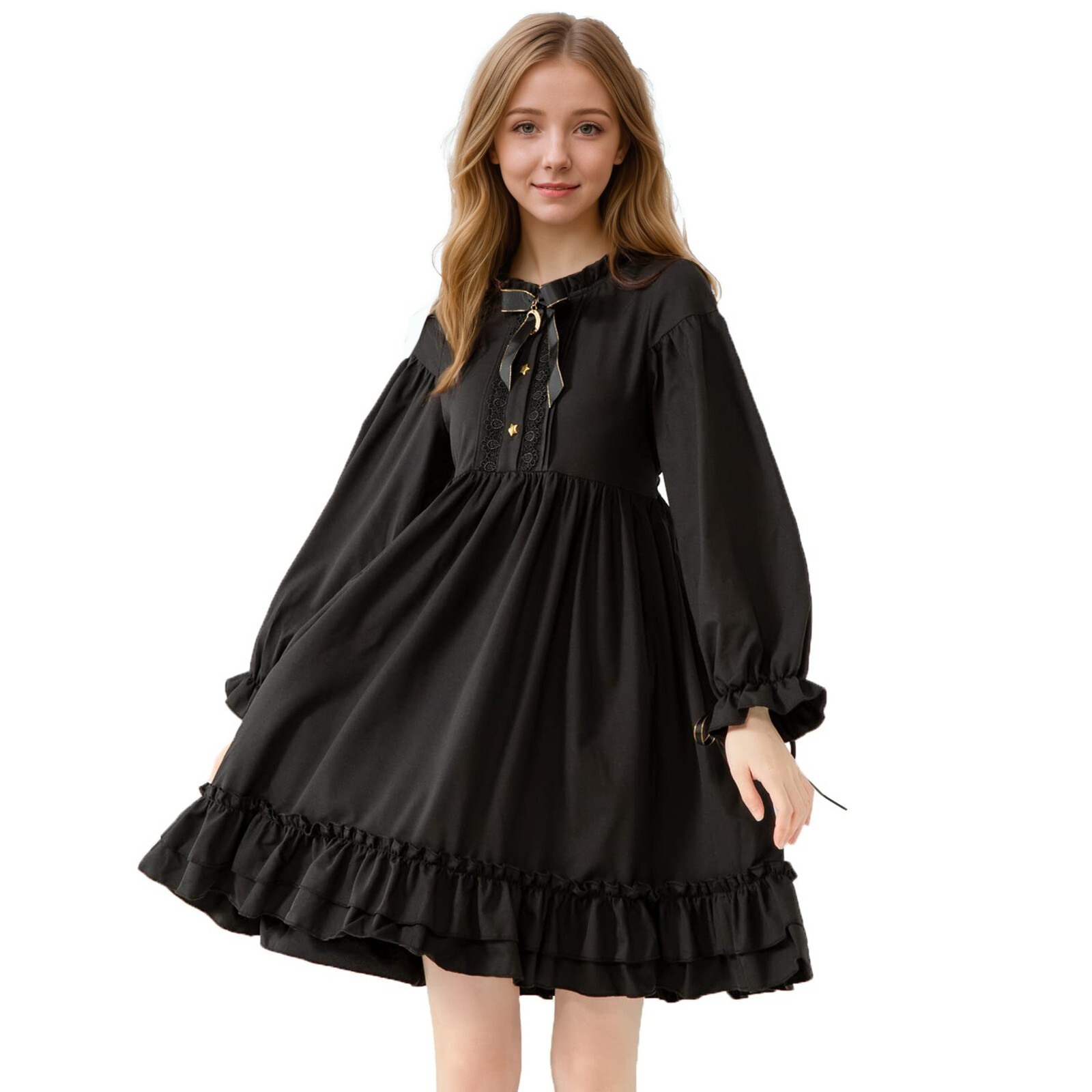 Gothic Lolita Black Dress for Women Ruffled Moon Bow Dress Cute Cosplay Outfit