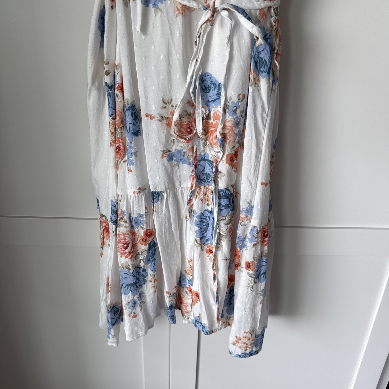 LOFT – White Floral Dress – XL – Lined – Orange and Blue Floral – Drawstring Ned