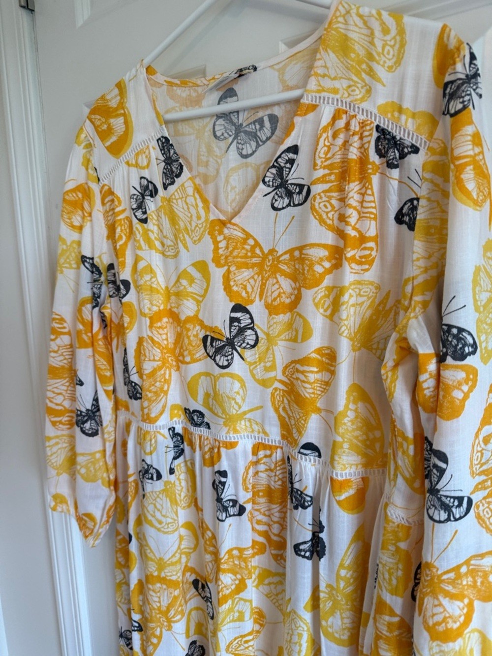 Sweet Magnolia Yellow & White Butterfly Print Tiered Midi Boho Dress Large