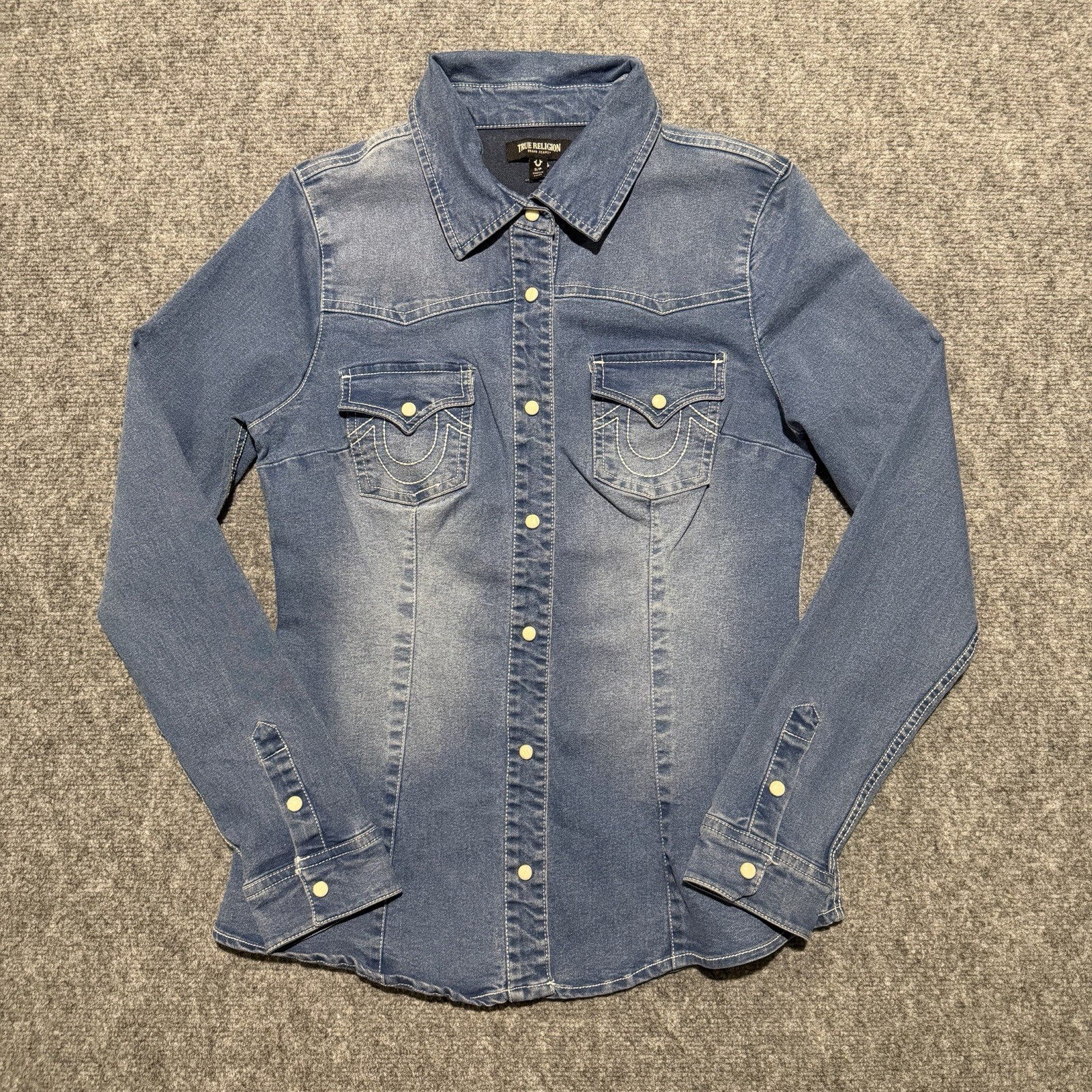 True Religion size S Women’s Blue Denim Frayed Hem Pearl Snap Shirt Dress