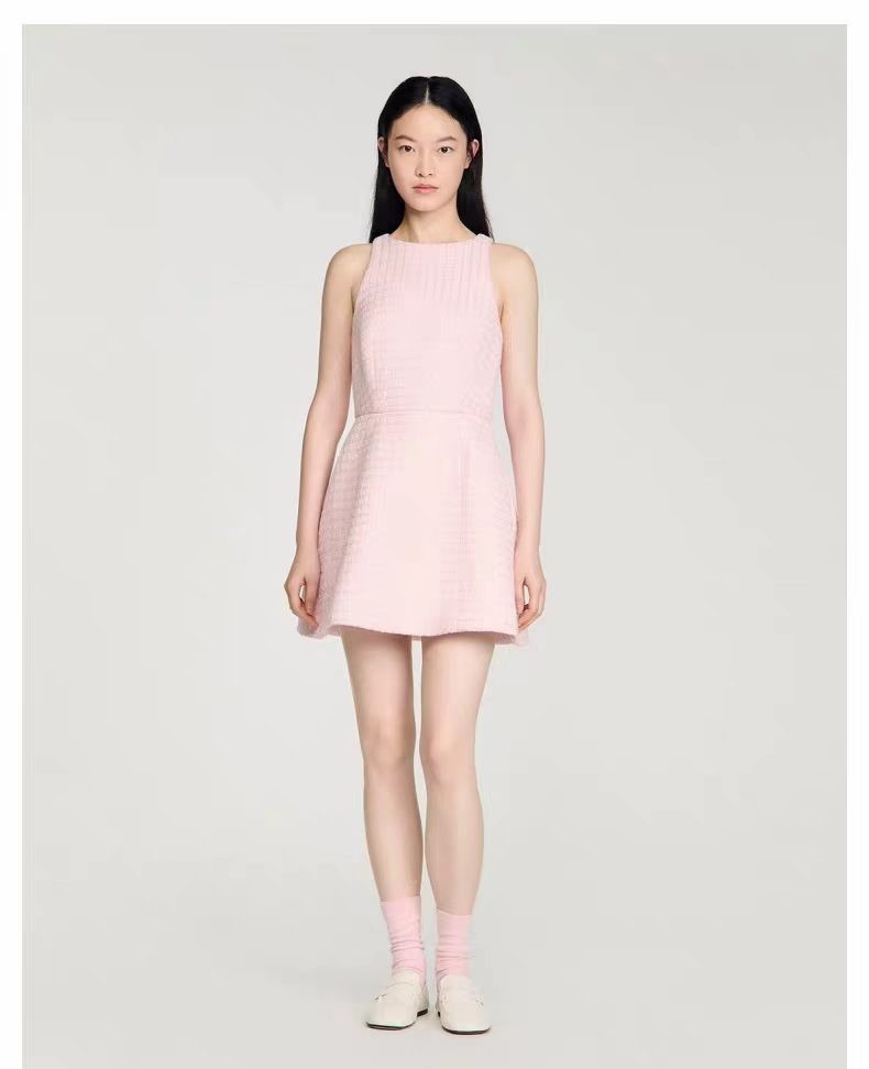 Women Sandro Sleeveless Round-neck pink Plaid Sequin Dresses