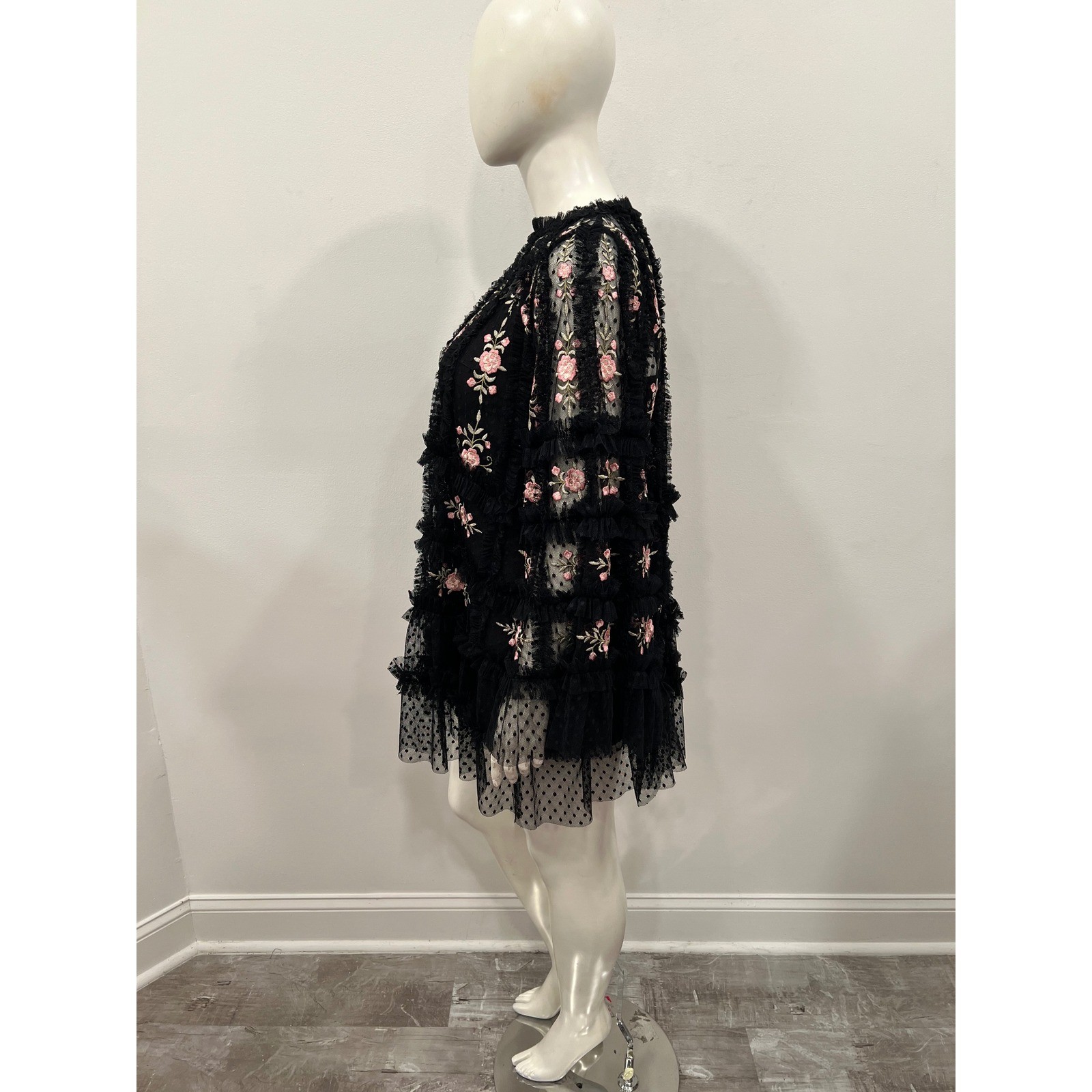 Mac Duggal Mini Dress Womens 8 Black Pink Floral Embroidered Tulle Tiered Ruffle