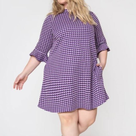 Leota Connie Dress Purple 1X 3/4 Ruffle Sleeve Artsy Retro Mod