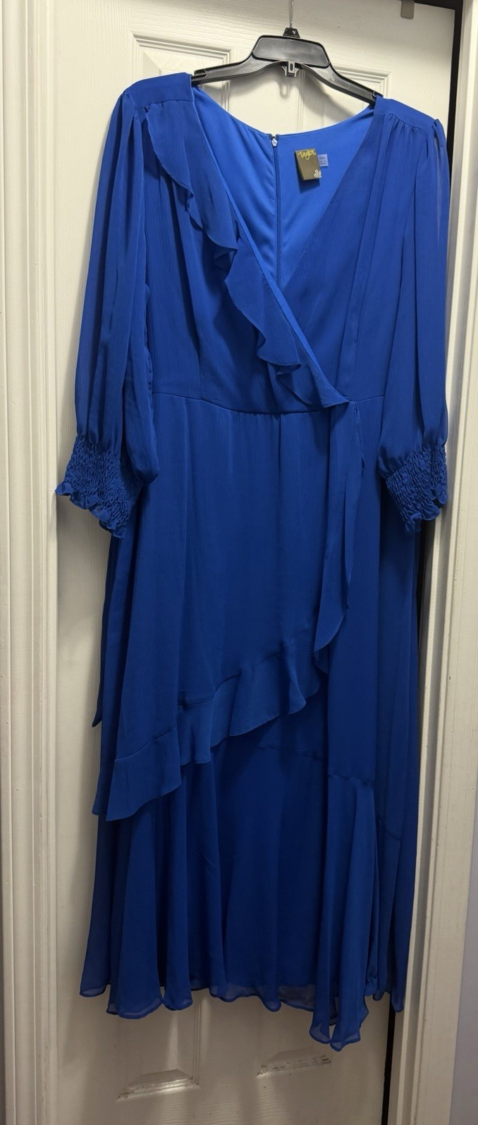 Taylor Women’s Blue Solid Maxi Dress 20W Plus V-Neck Long Sleeve Ruffle Zip
