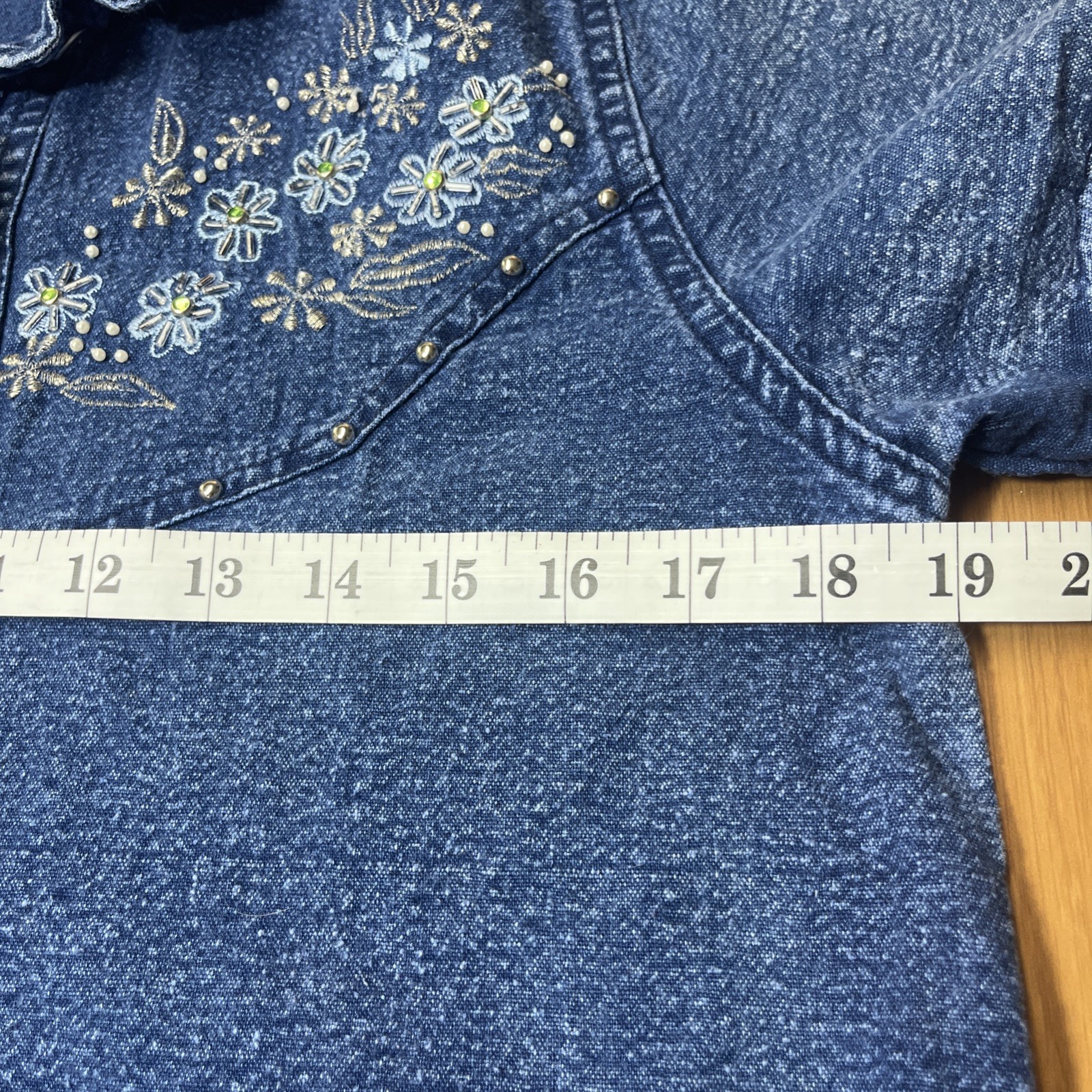 JANE ASHLEY Denim Dress M/L Pockets Floral Embroidered Cottage Peasant 90s VTG