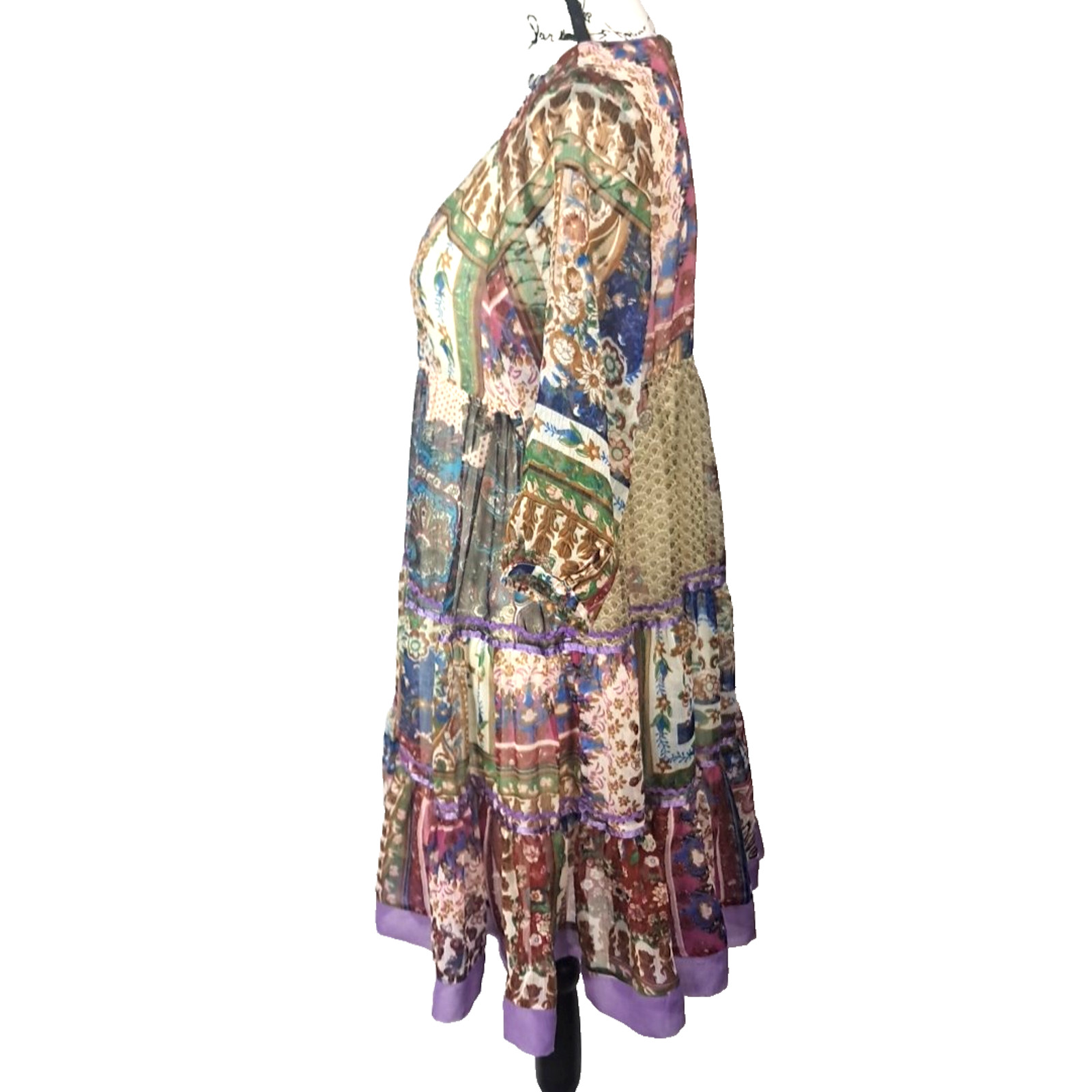 Babydoll Floral Sheer Patchwork Beaded Tiered Mini Dress Size M Purple Boho