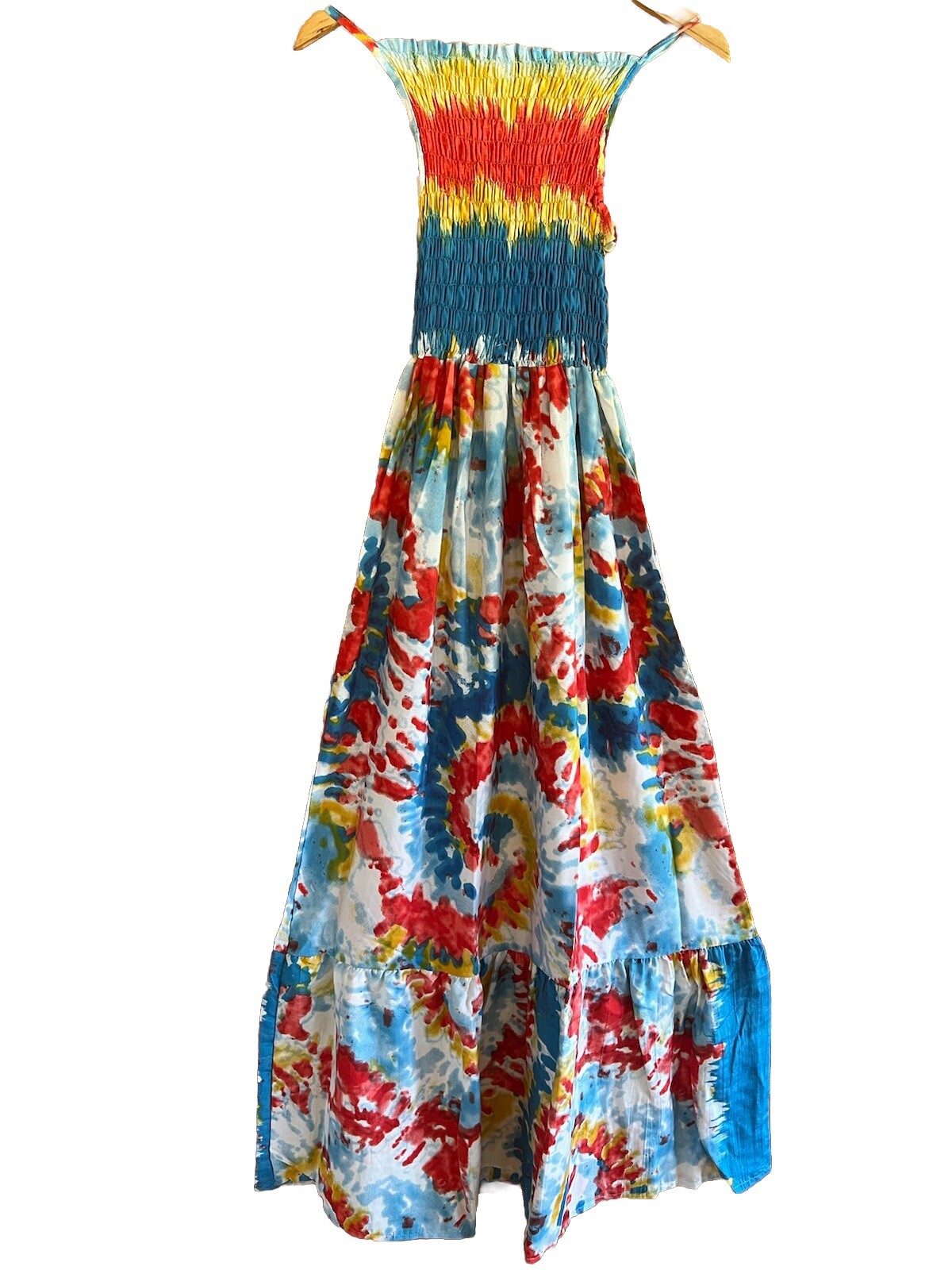 Womens Spaghetti Strap Smocked Tiered Long Beach Sun Dress Free Size S – L