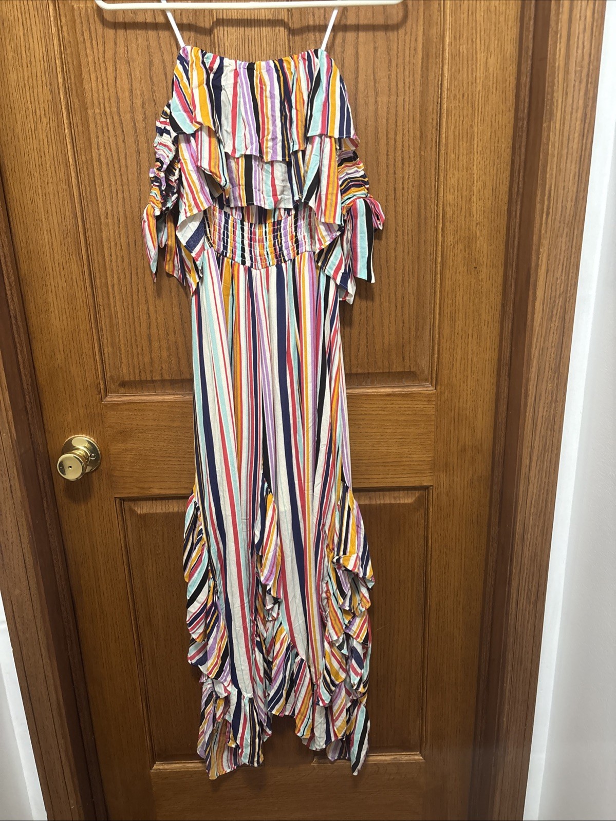 NWT Miss Me Off Shoulder Flowy Striped Ruffle Boho Beach Resort Dress Sz Med