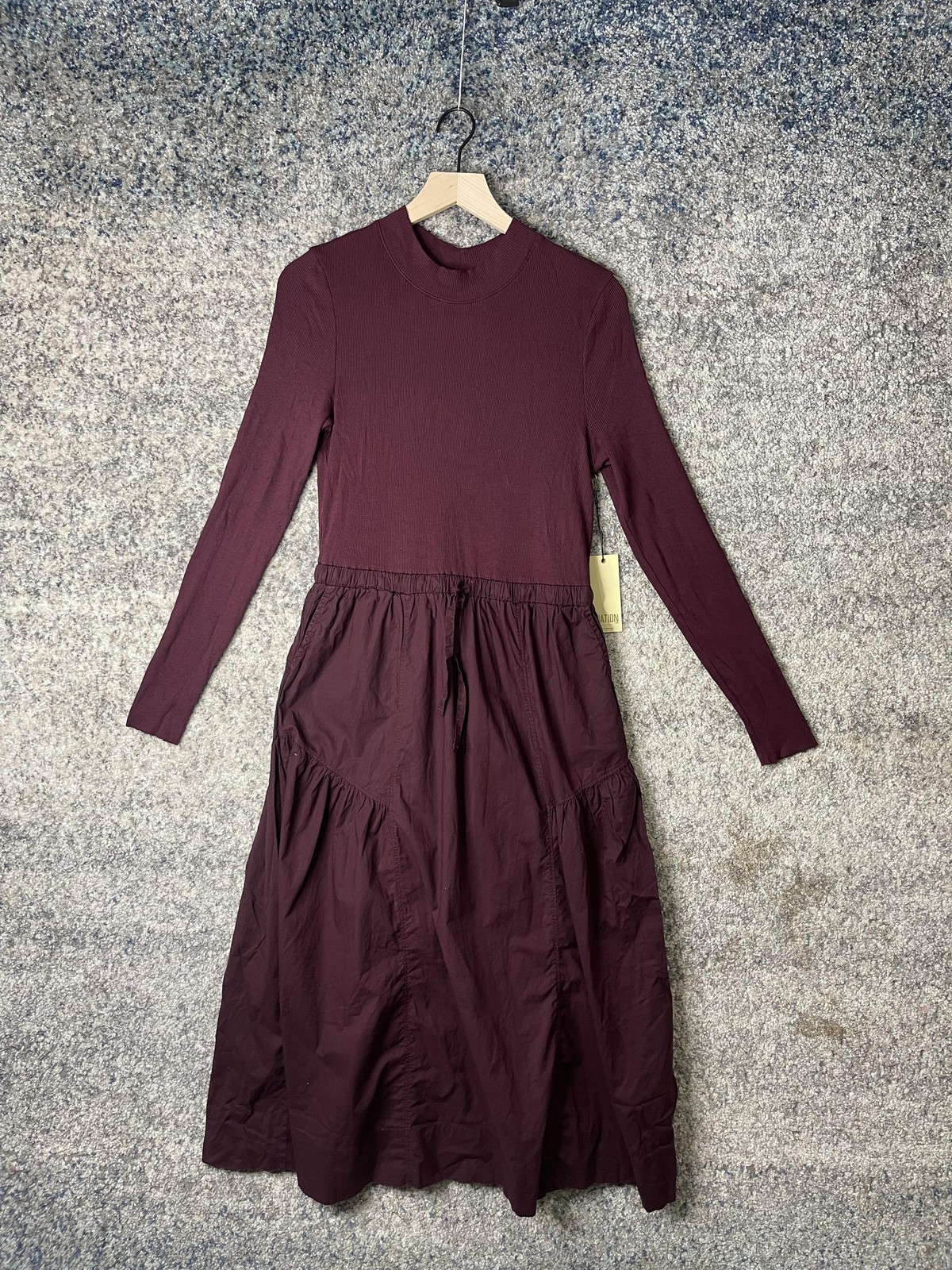 Nation LTD Dress Womens Small Burgundy Ribbed Mock Neck Pima Cotton Tiered Midi
