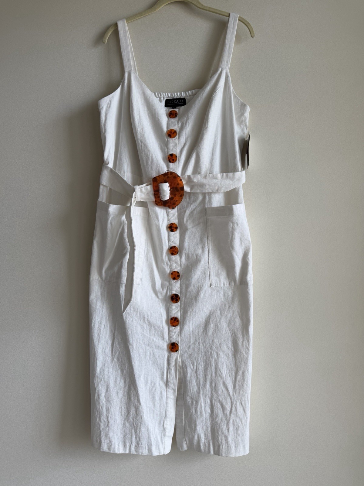 NWT Eloquii White Button Front Midi Dress Belted Tortoise Buckle Pockets Size 18