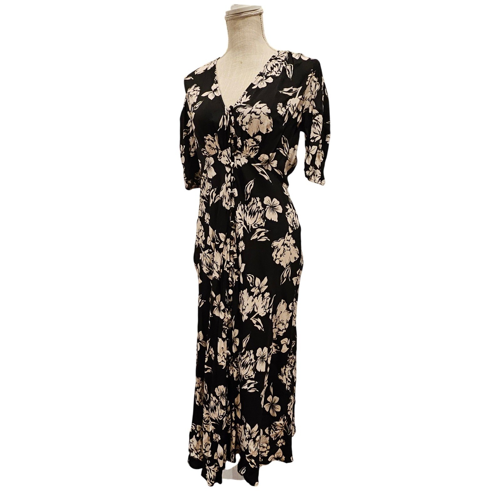 Ghost London Black Cream Floral V-Neck Button Front Viscose Midi Dress XS