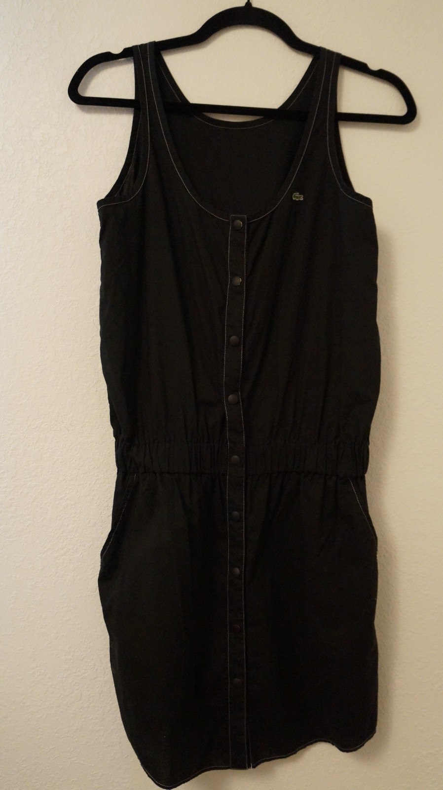 Lacoste Summer Sleeveless Snap-Button Mini Black Dress Cotton Pockets #064