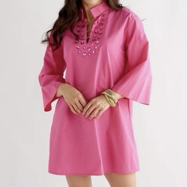 Caryn Lawn Rosemary Dress Gemstone Embellished Poplin Shirt Tunic Dress O/S NWT