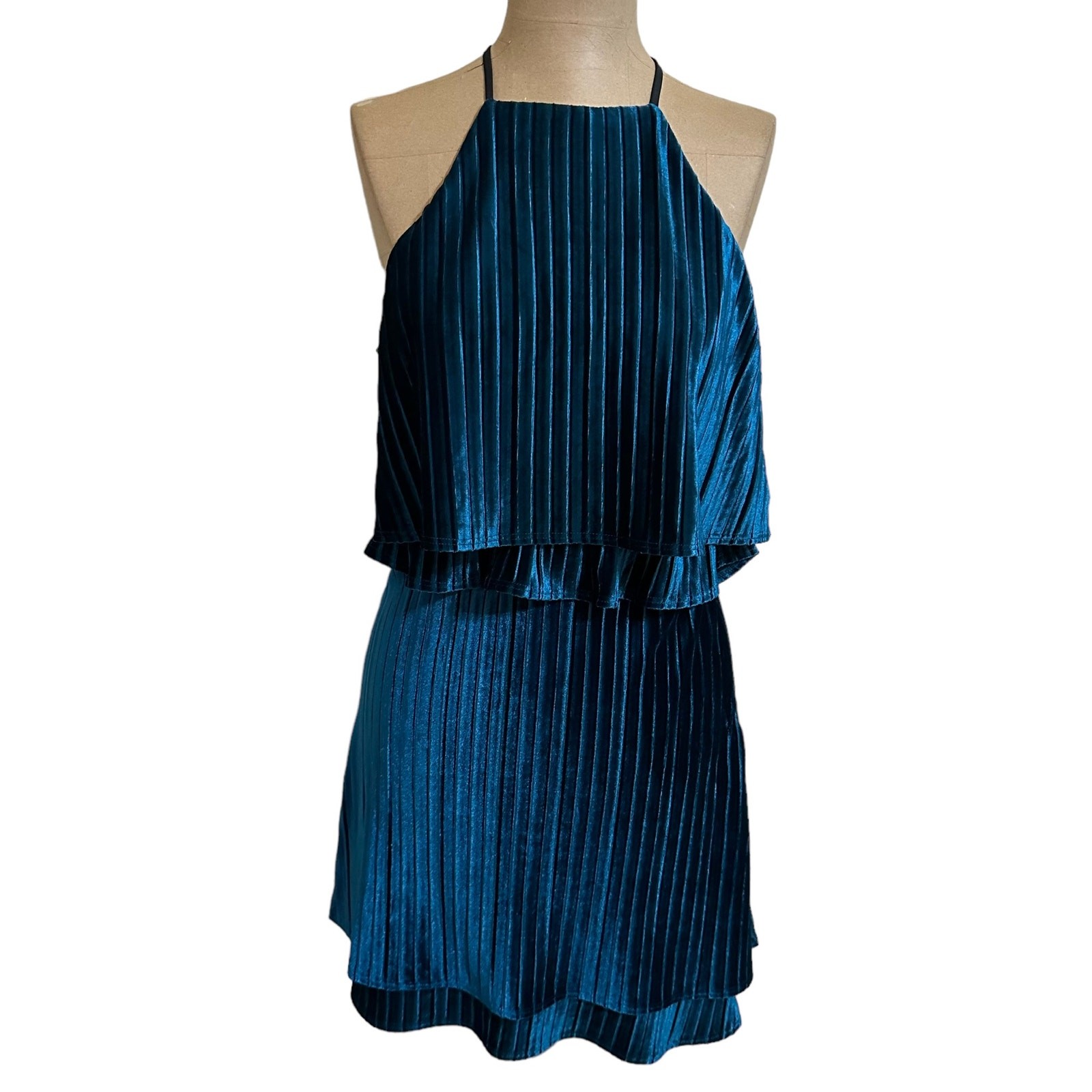 Likely Blue Velvet Halter Pleated Ruffle Cocktail Party Mini Dress New