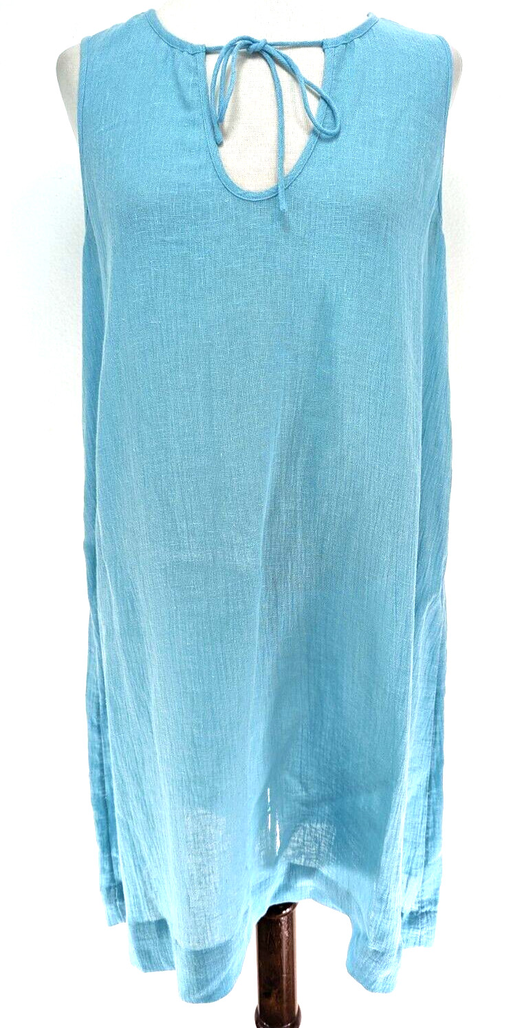 EILEEN FISHER 100% ITALIAN Linen AQUA Sleeveless A-Line Dress Tie Front L VEUC!*