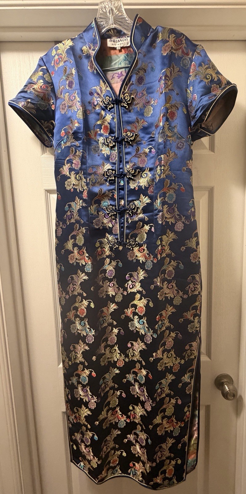 TANGYI Qipao Cheongsam Dress Sz 42 (US 8-10) Navy Brocade Floral Button Satin