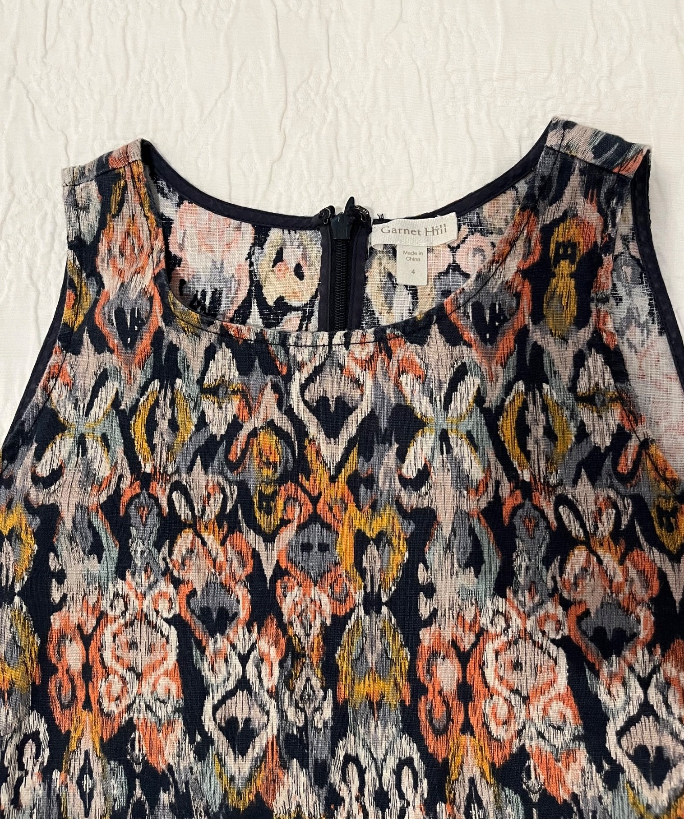Garnet Hill 100% Linen Ikat Shift Dress Pockets Frayed Hem Sz 4 Blue Orange
