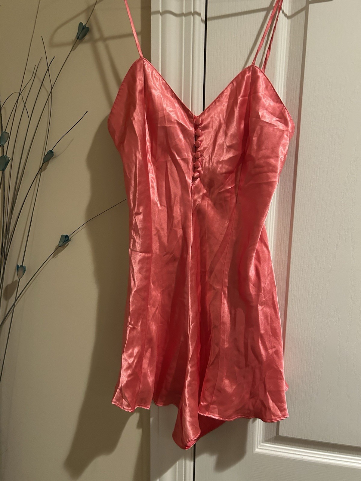 Vintage Satin Romper | Size 8 | Coral Pink Button-Front | Slip-Inspired Elegance