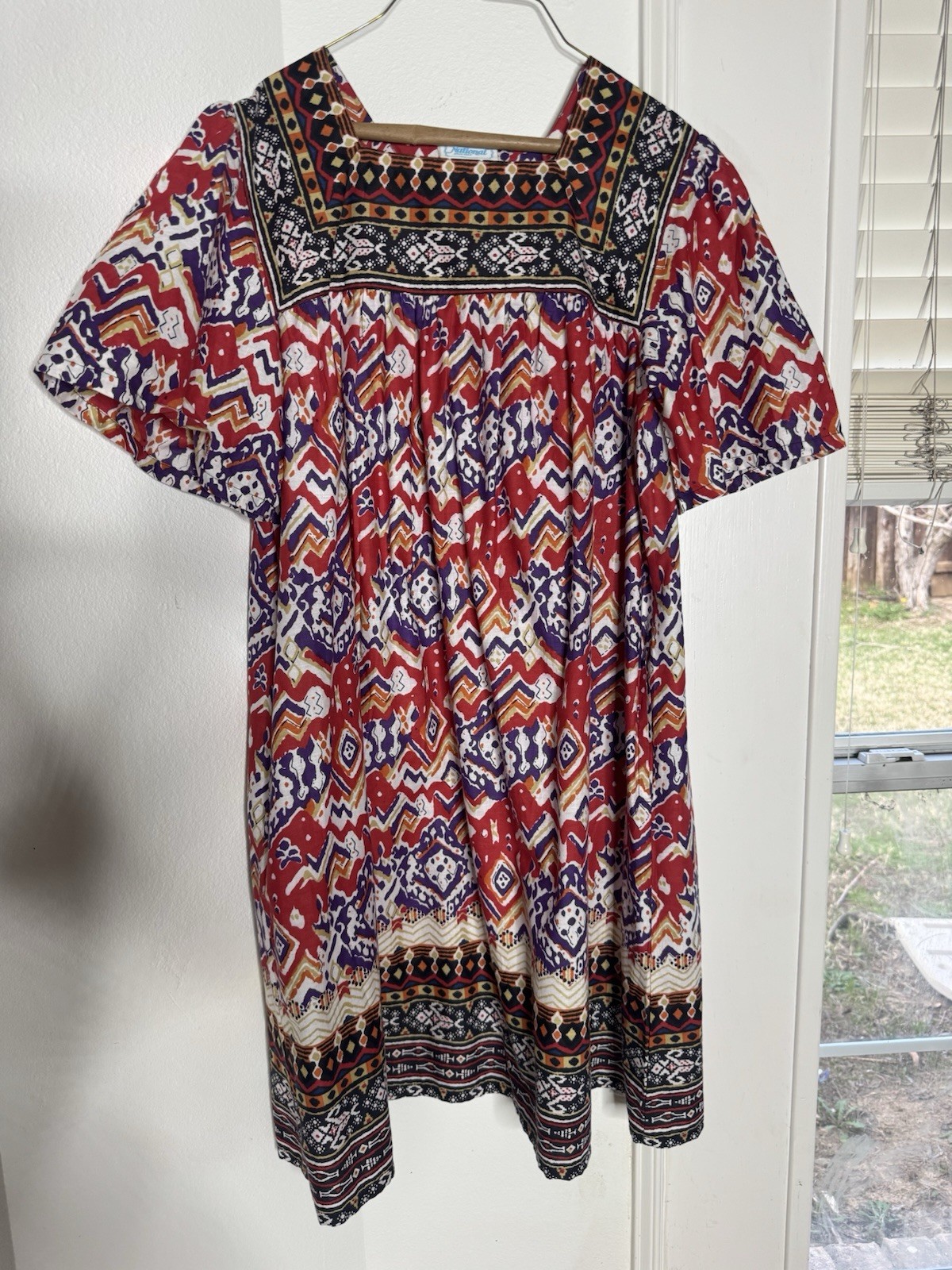 National Since 1952 Patio House Dress Muumuu Red Ikat Print Size Small 2 Pockets