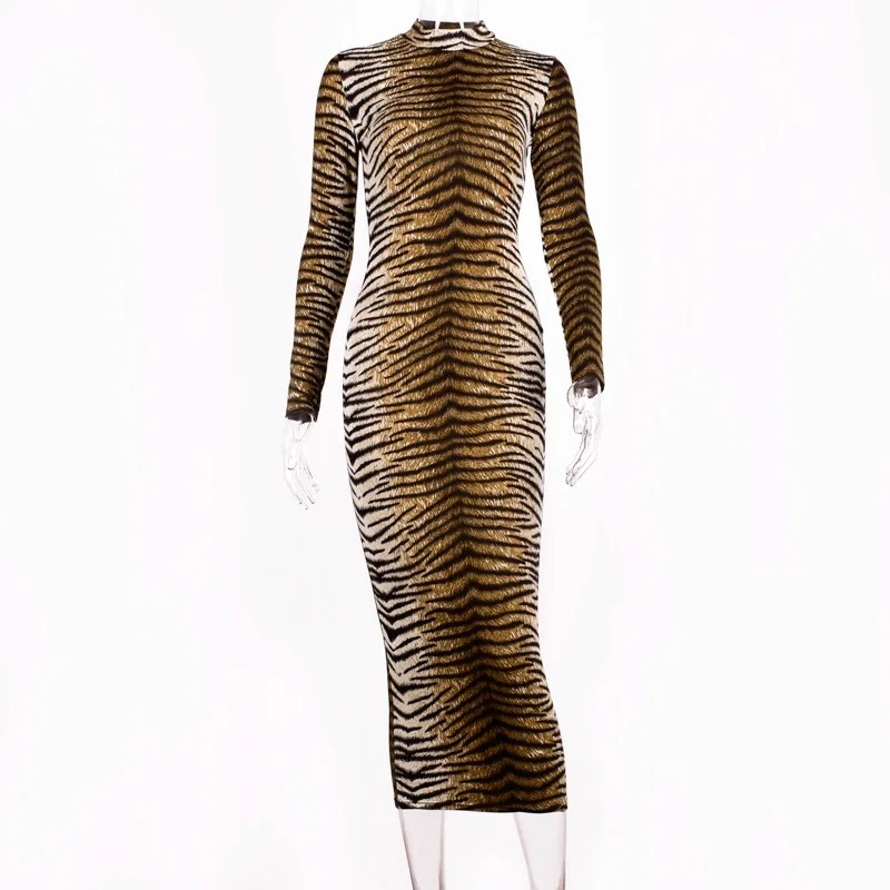 leopard print long sleeve slim bodycon sexy dress autumn winter women streetwear