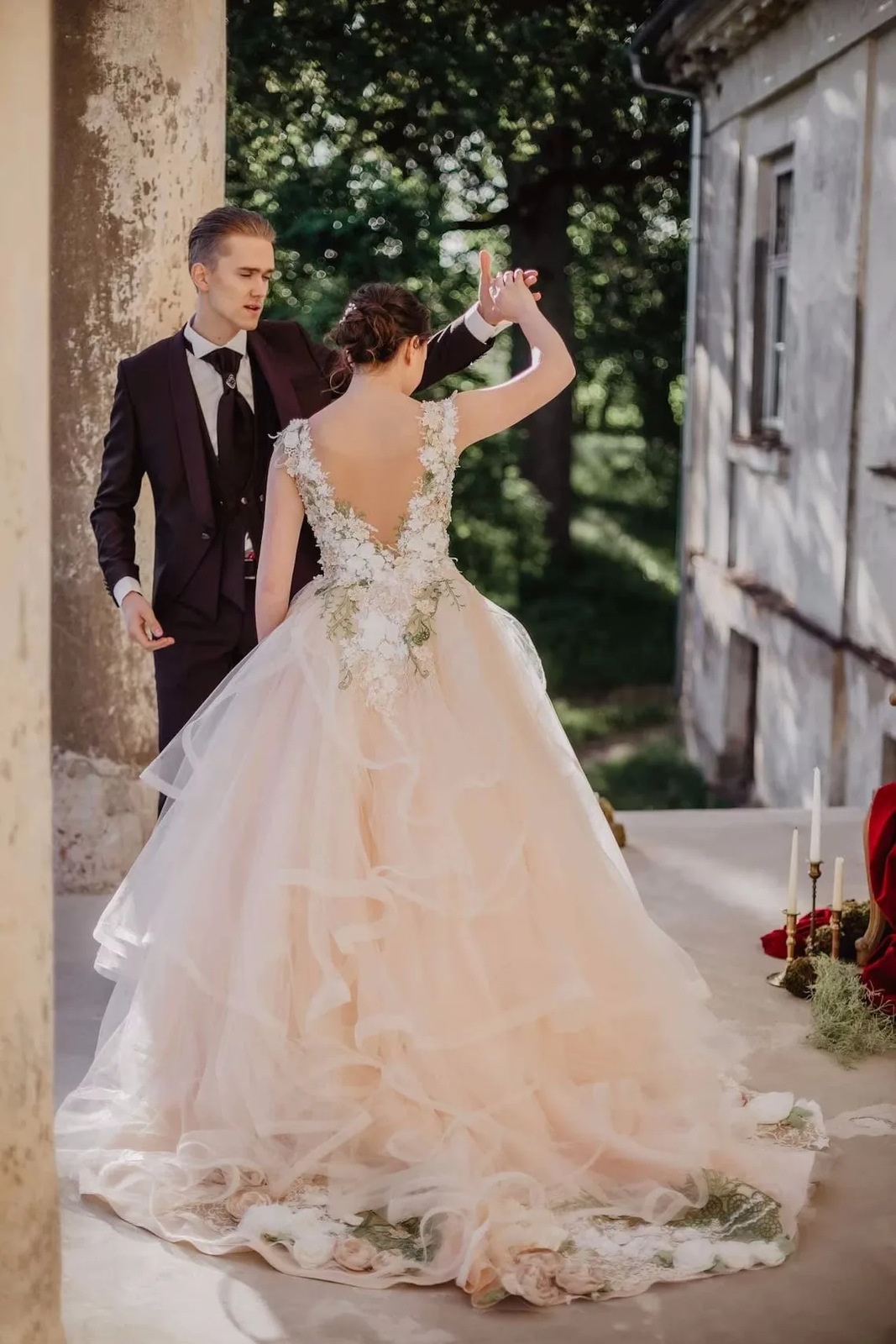 Floral Lace Wedding Gowns Pretty Blush Pink Tulle Bridal Dresses 3D Flower Party