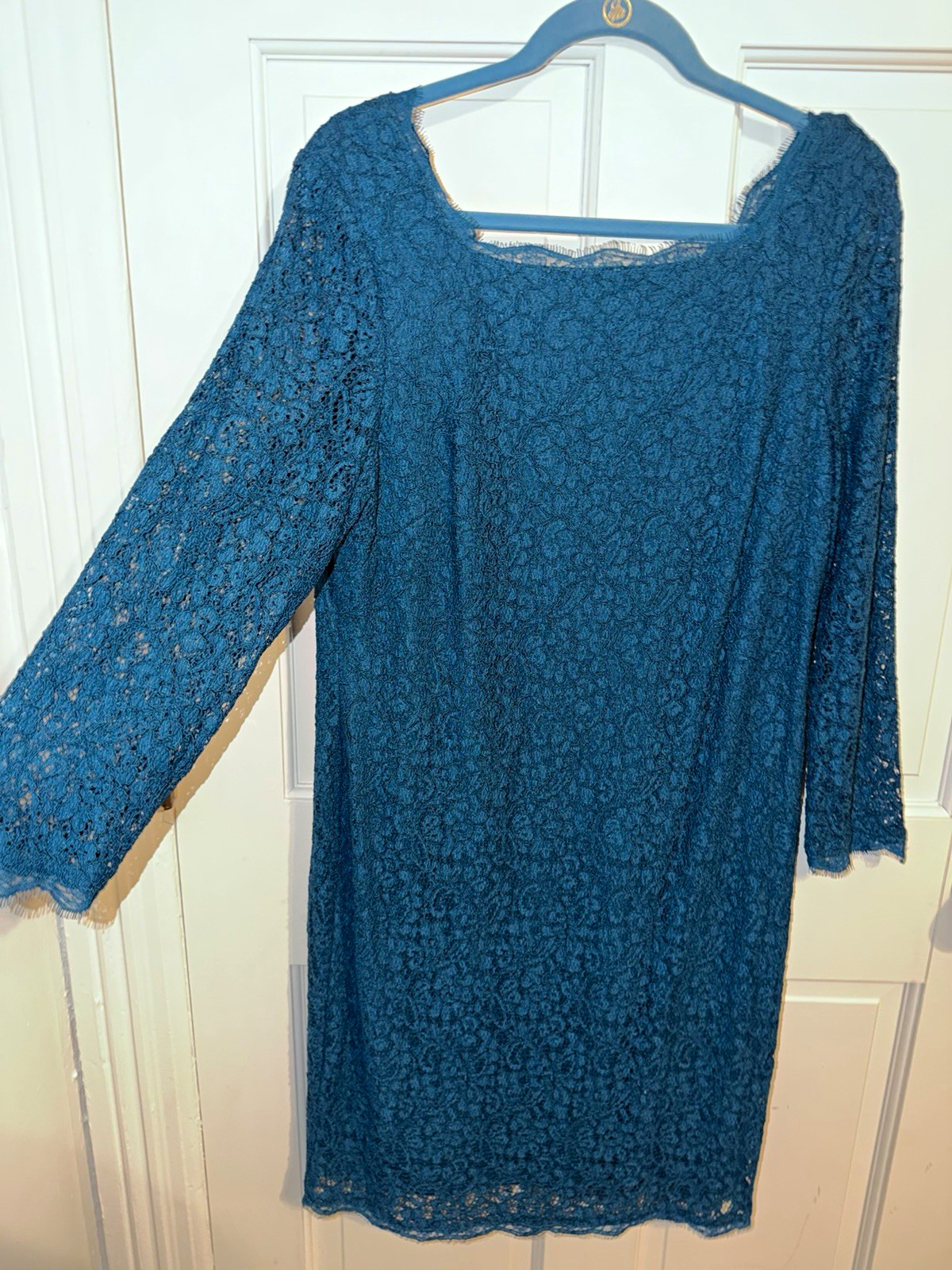 Adrianna Papell Womens 16 Blue Floral Lace Square Neck 3/4 Sheath Knee Zip