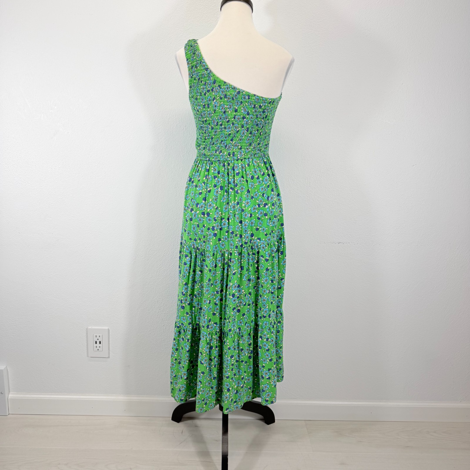 ZCSIA Smocked Floral One Shoulder Tiered Floral Green Midi Dress Size S