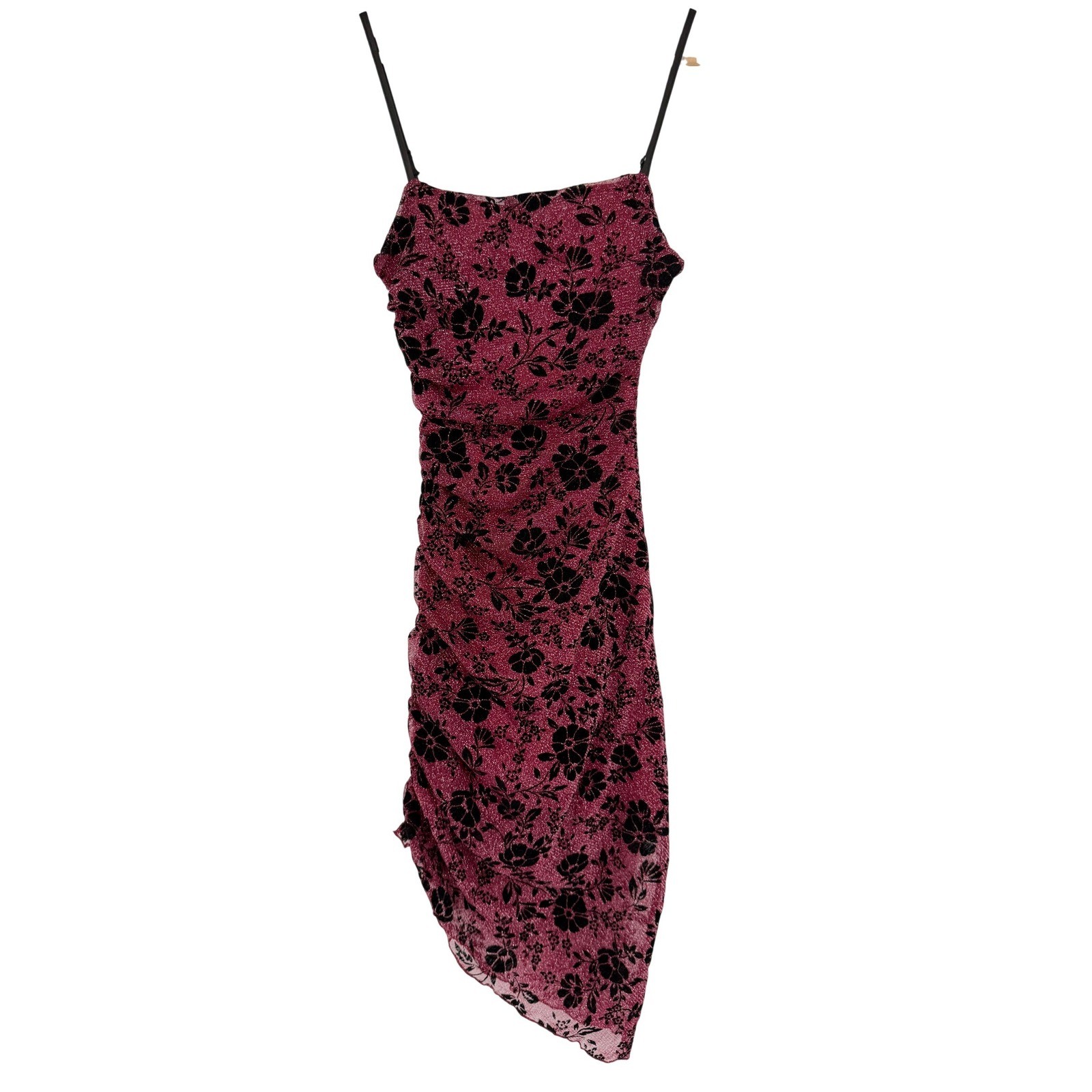 Jump Apparel Burgundy Floral Ruched Asymmetrical Mesh Sparkle Dress Y2K
