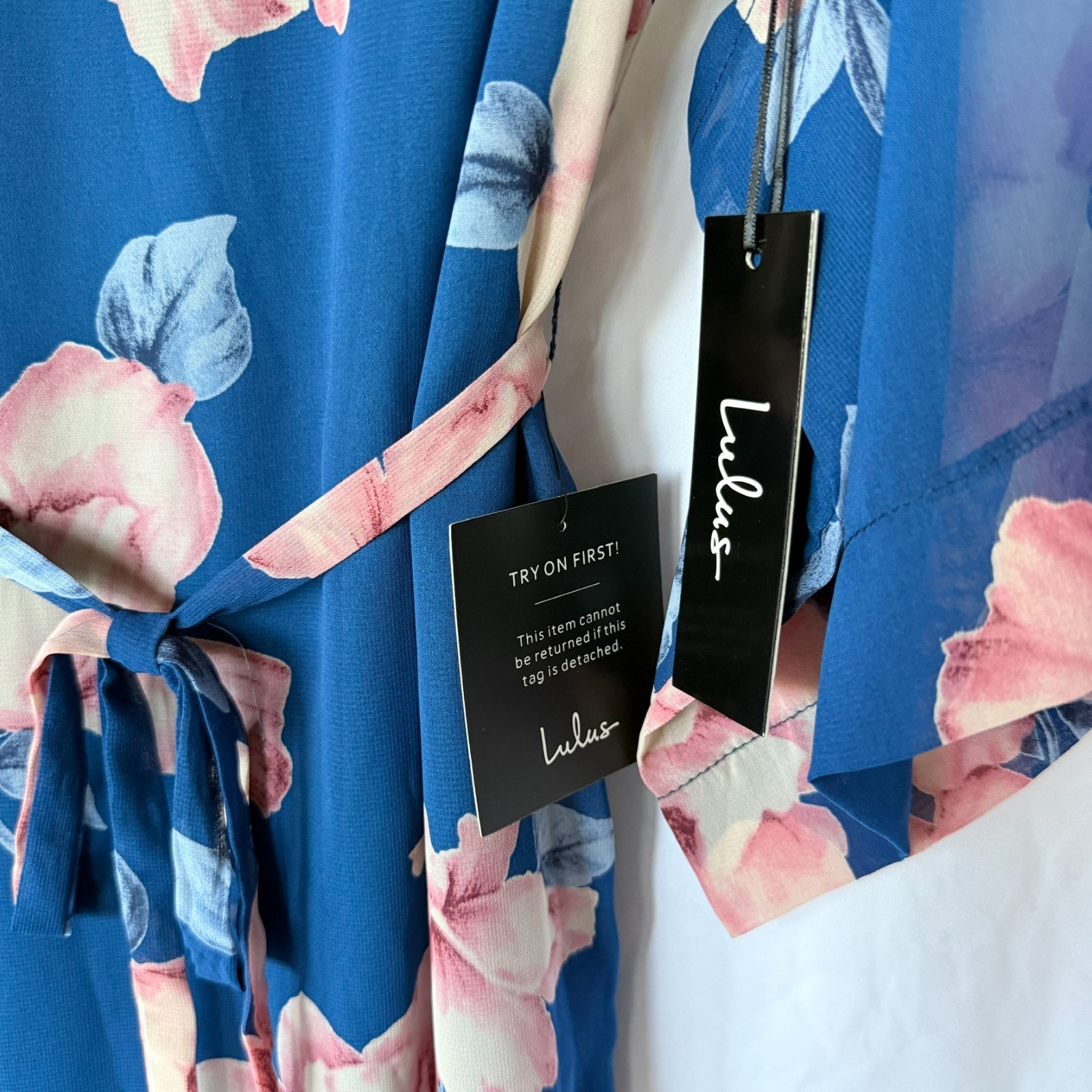 NWT Lulus Joyful Noise Denim Blue Floral Print Mini Dress Blue Chiffon Size S