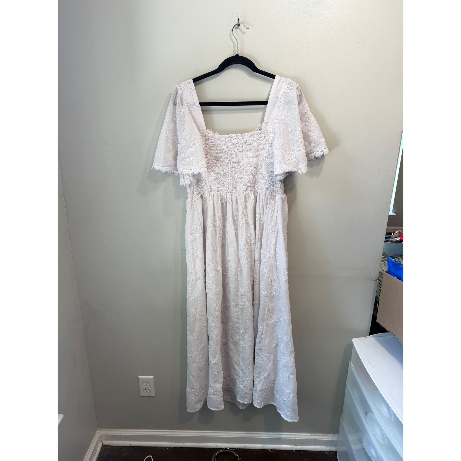 Shein White Eyelet Embroidered Maxi Dress Flutter Sleeve Smocked Back Large